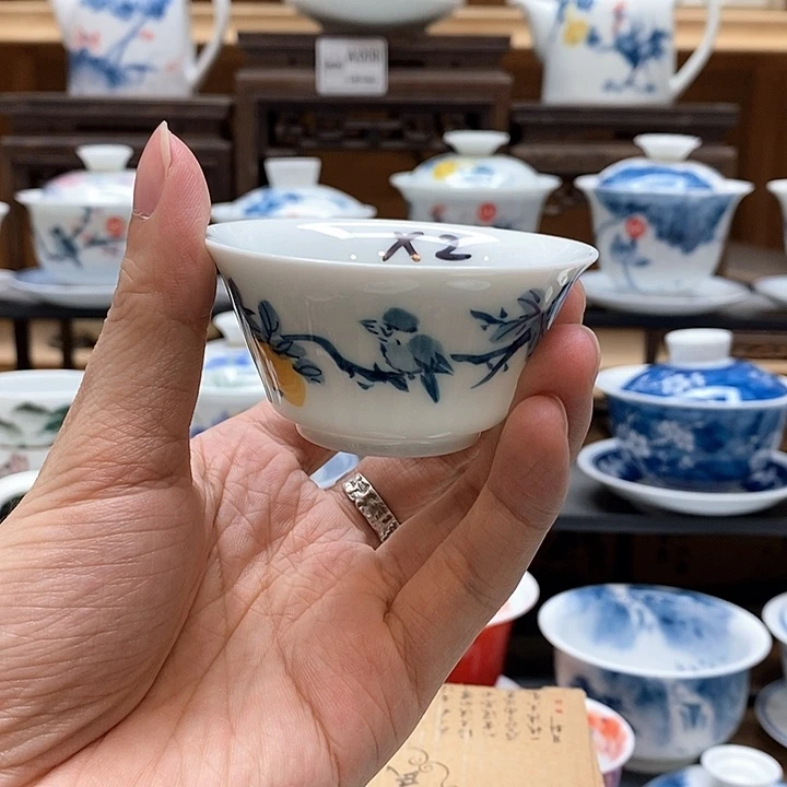 手绘喜柿图杯子60cc2个装釉下彩微瑕福利款