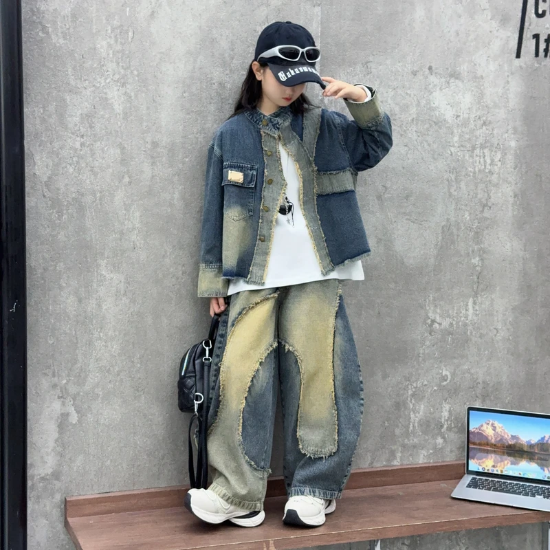 女童秋装新款时髦复古拼接牛仔外套开叉打底洋气弯刀牛仔裤三件