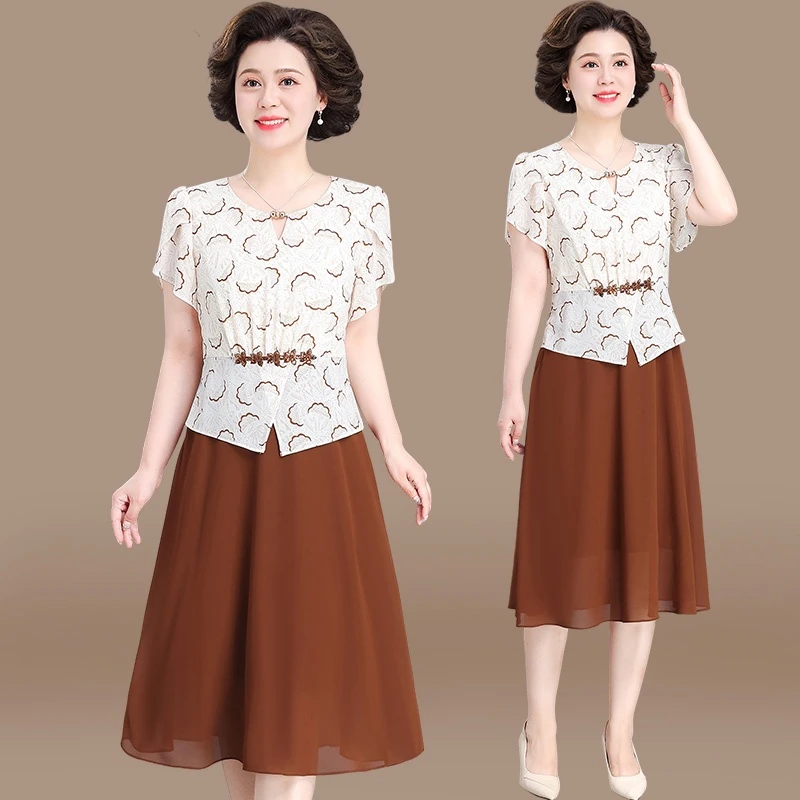中年妈妈夏装连衣裙阔太太洋气高贵雪纺裙中老年女装夏季气质裙子