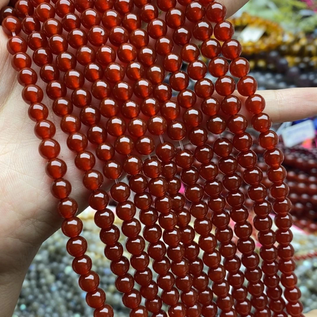玛瑙/玉髓未镶嵌珠宝半成品一条纯天然精品红玛瑙圆珠3A级6mm