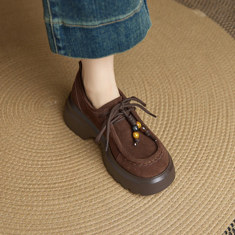 6.5cm超轻厚底深口单鞋女新款户外休闲鞋子磨砂皮增高圆头乐福鞋