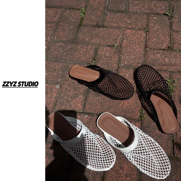 【ZZYZ】网纱面包头半拖洋气女平底拖鞋凉鞋平跟软底鞋