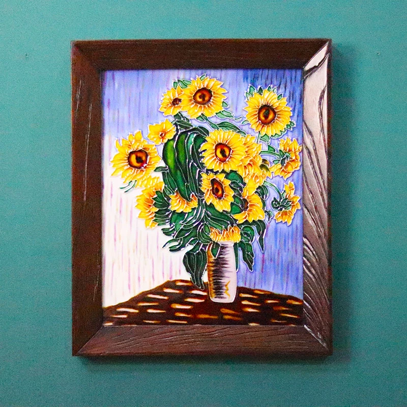 挂画42/35老榆木框陶瓷板画家居装饰复古怀旧风