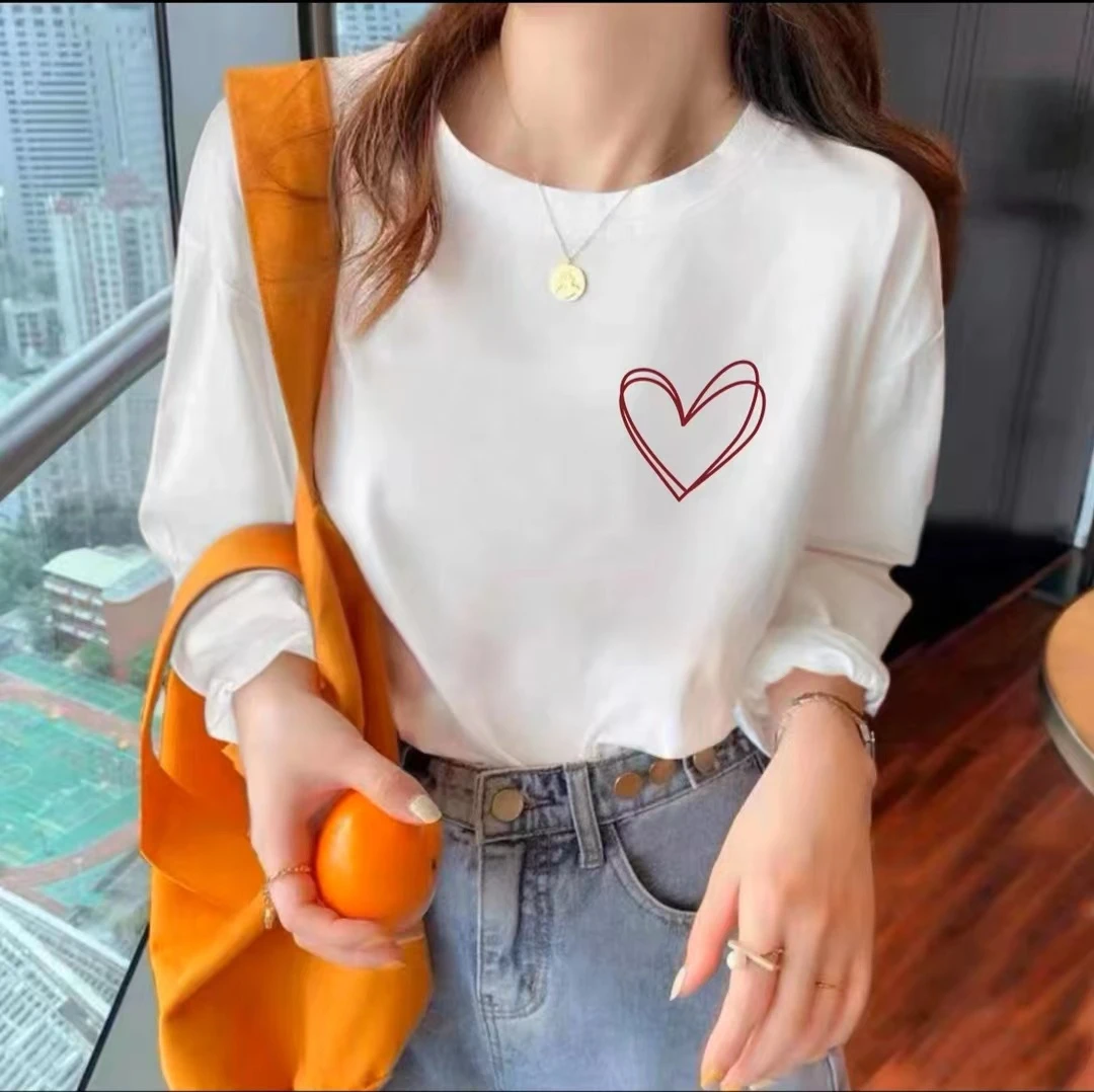 【工厂】2025春秋款长袖印花圆领T恤白色简约百搭男女打底—长袖小心