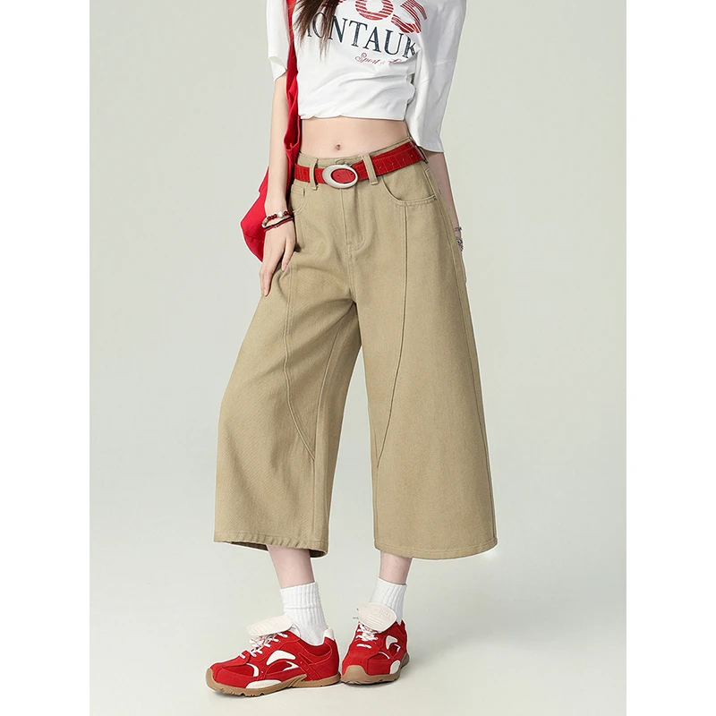 卡其色复古阔腿七分牛仔裤女夏季新款高腰宽松显瘦百搭直筒中裤子