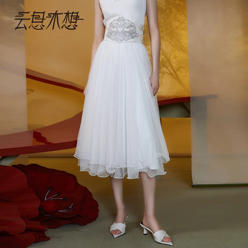 Ysimo-X云思木想新中式2024夏季新款腰封绣花网纱半身裙11581