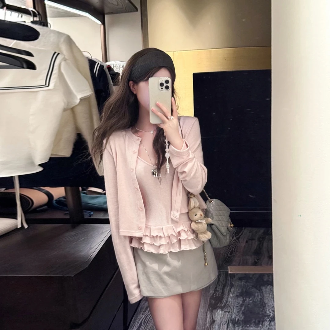 【全额运补】【运补6】秋季新款荷叶边针织吊带开衫套装女外套气