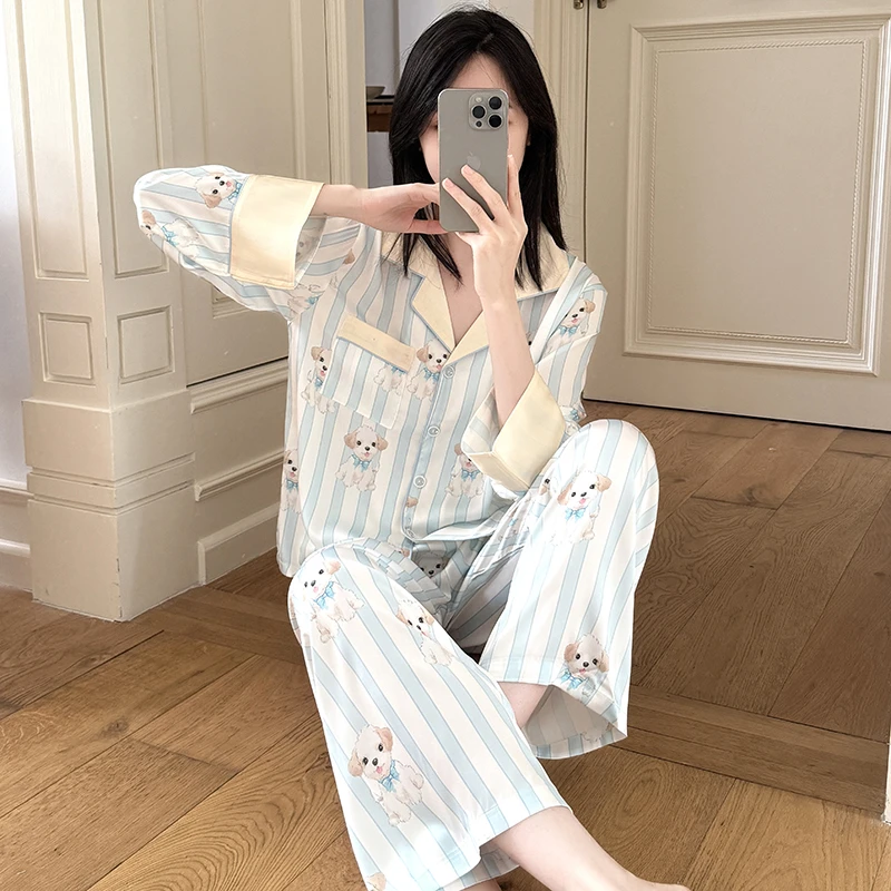 长袖早秋季韩系公主丝绸条纹睡衣家居服套装卡通套装宽松薄款