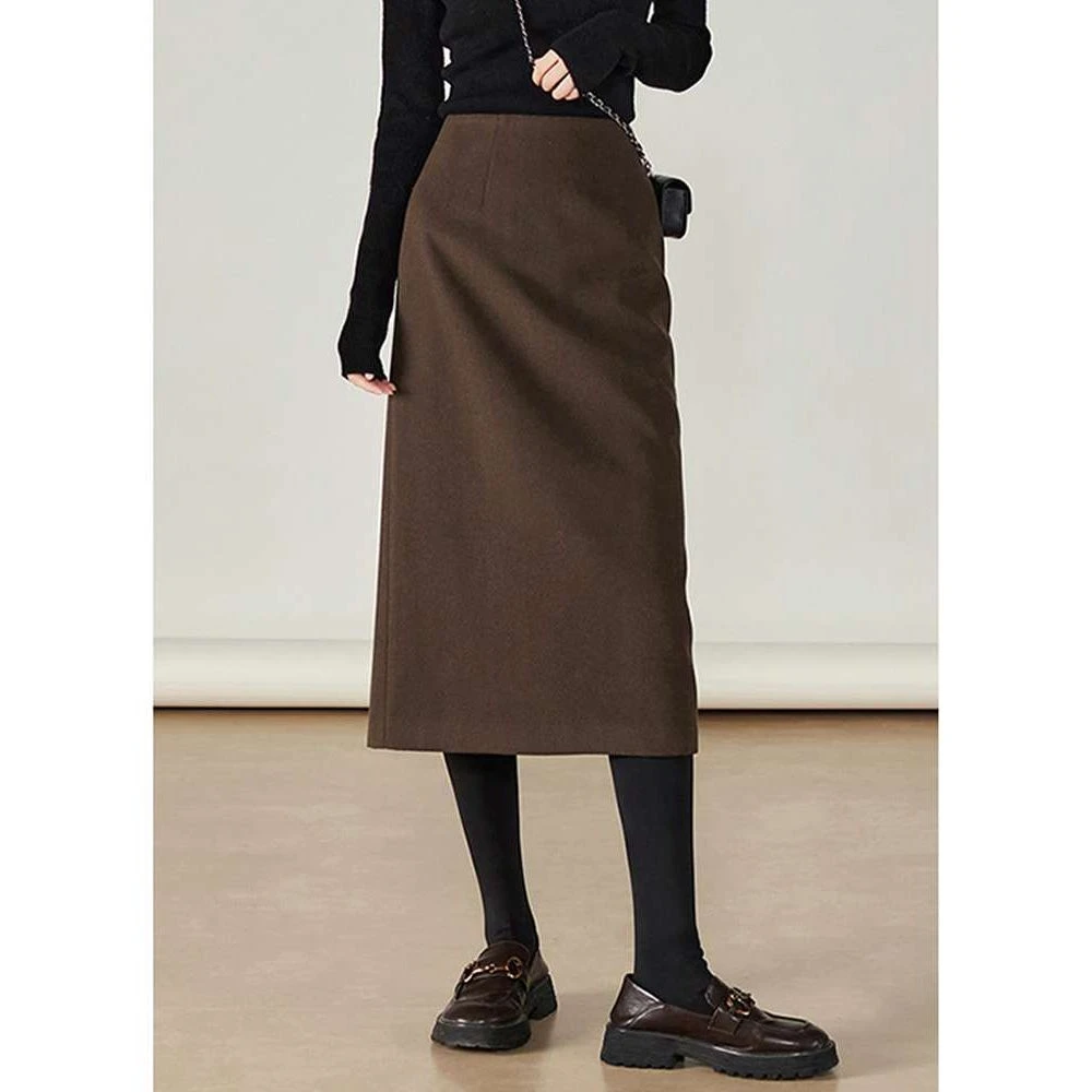 咖色毛呢半身裙女2025秋季新款高腰显瘦直筒开叉一步包臀中长裙子