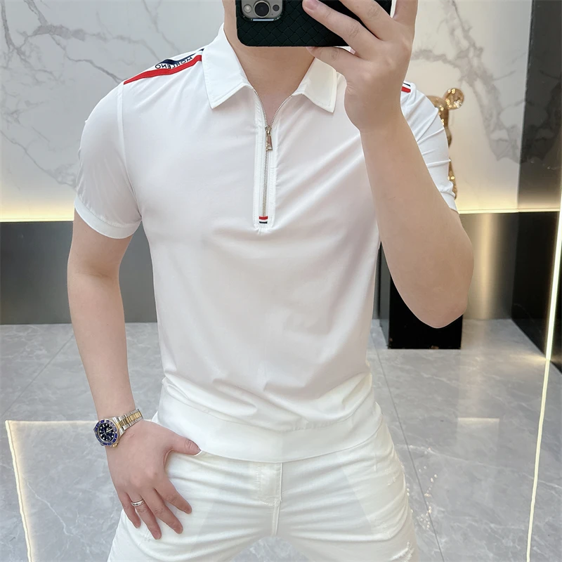 冰希经典.潮牌欧版男士翻领拉链衫轻奢休闲潮流短袖2025夏季新款