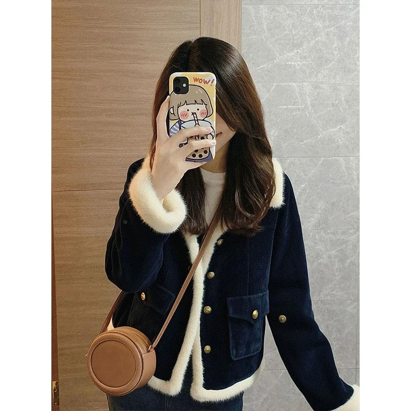 奥莱【品牌撤柜】2025新款爆款巨好看的初冬藏蓝色小香风加绒加厚羊