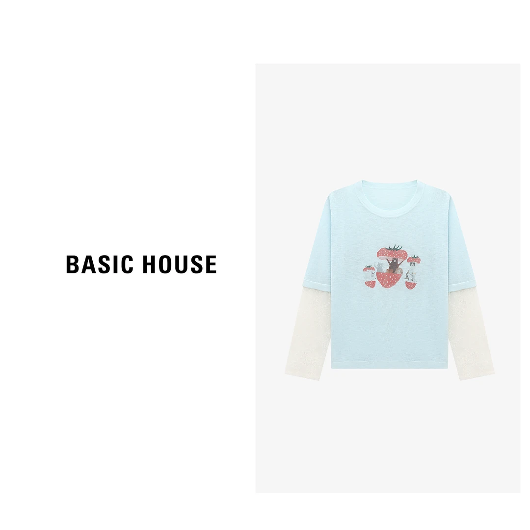 Basic House/百家好夏季新款时尚假两件印花针织衫-B0625B58412