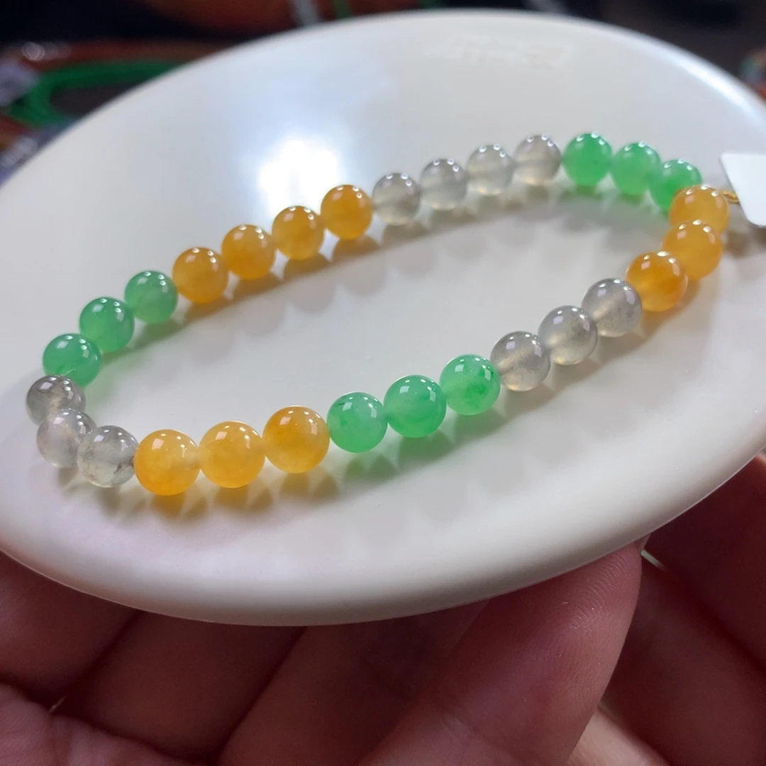 翡翠未镶嵌手链翡翠冰胶底三彩多宝卡6+