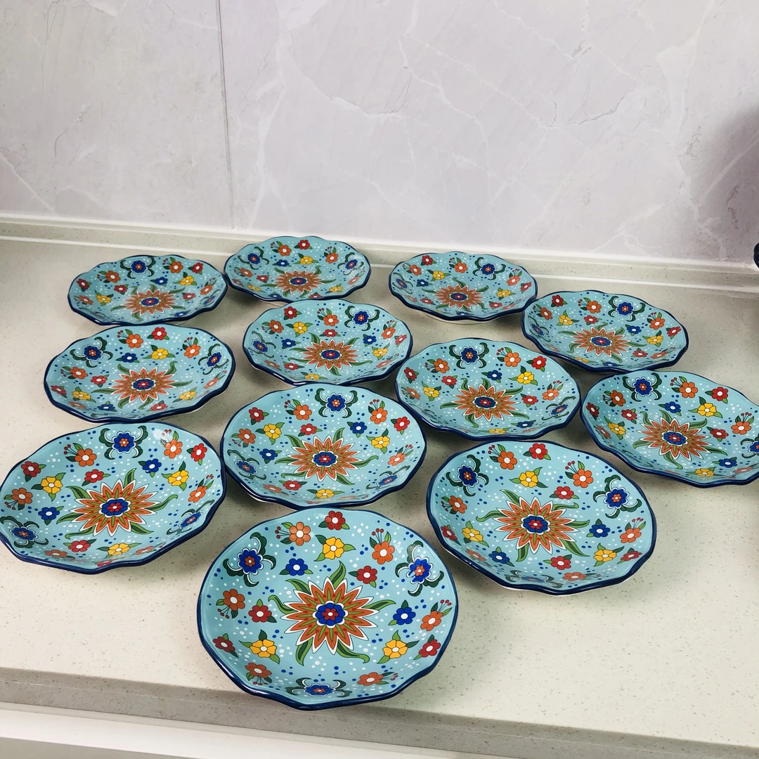 【新疆包邮】kok banxir tahsa 12个天蓝色花纹饺子碟网红高档家用