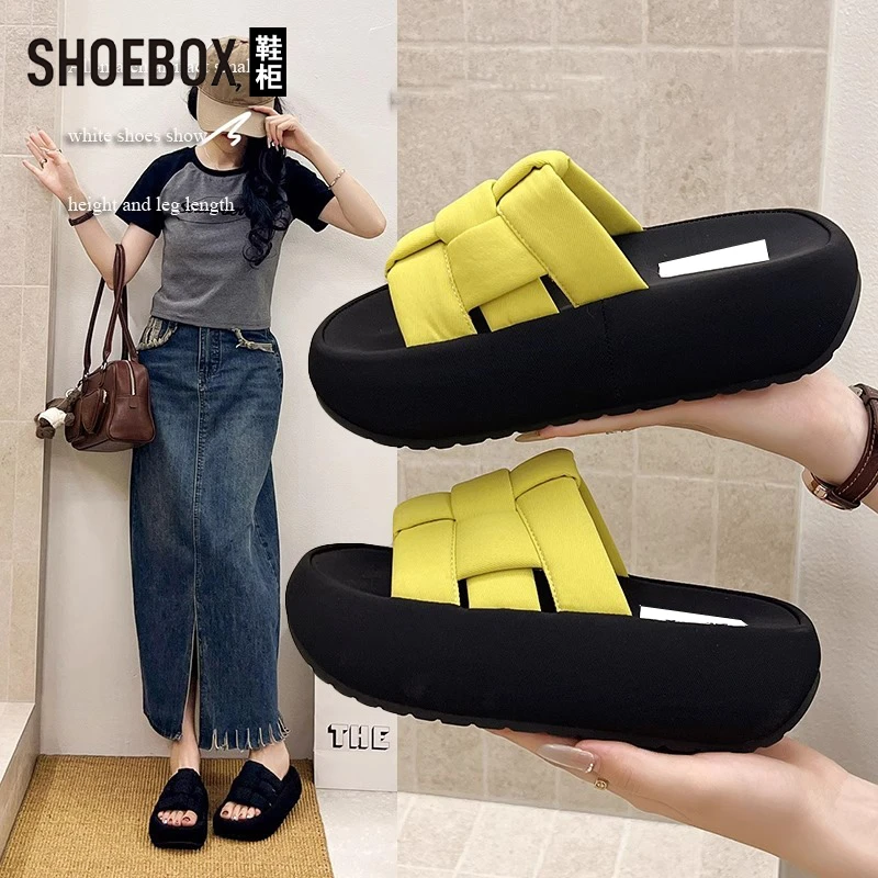 SHOEBOX鞋柜编织厚底凉拖鞋女外穿2025新款夏季百搭爆款一字拖