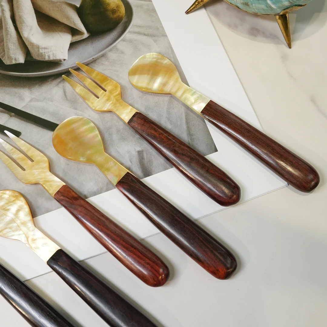 BK192天然贝壳勺叉木柄小勺子鱼子酱水果叉简约西餐甜品果酱勺