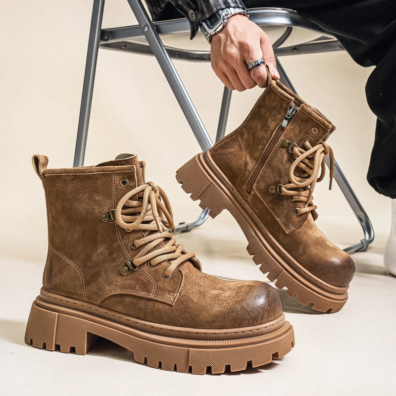 2025秋季新款四季高帮靴子拉链增高马丁靴增高复古厚款侧拉链