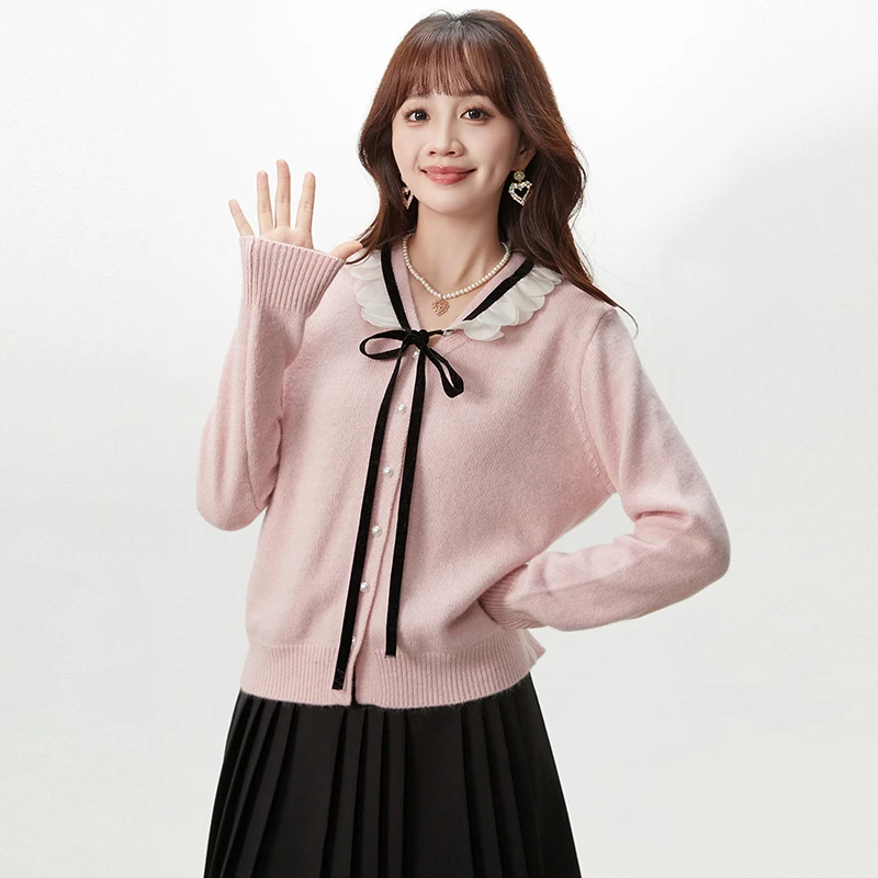 54GMS0H0022拼接设计开衫上衣减龄款毛衣女2025冬