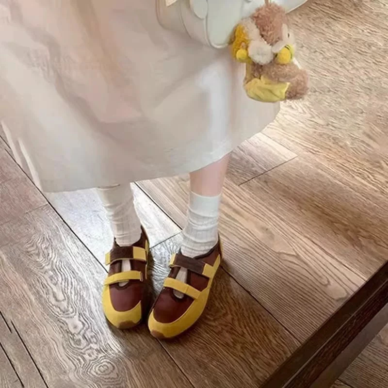 FF605镂空双魔术贴拼色芭蕾鞋玛丽珍单鞋女休闲鞋