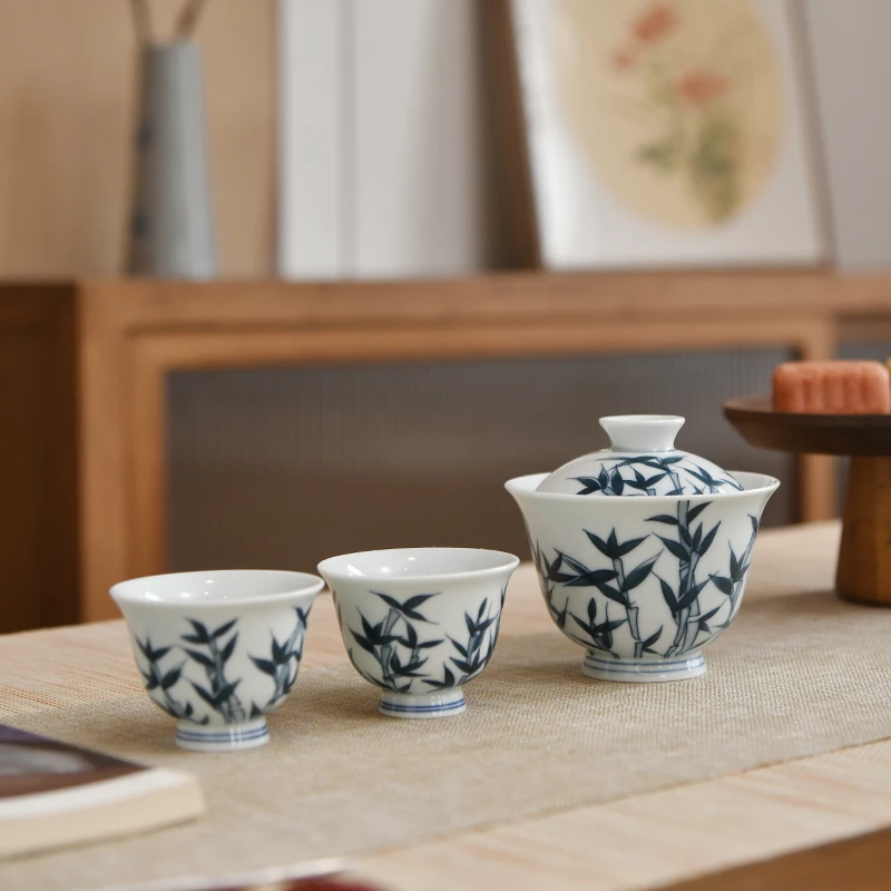 点工竹茂二才盖碗茶具茶杯青花家用中式主人杯泡茶碗伴手礼创意