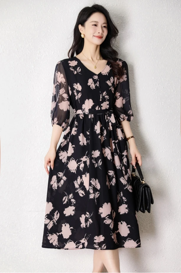 五分袖遮肚夏季印花连衣裙气质优雅妈妈装