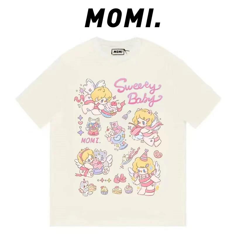 L L 云云  现货无感印花 粉红丘比特纯棉短袖女男宽松休闲百搭T恤