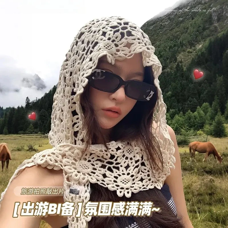 新款棉质时尚女士四季镂空多用披肩帽子旅游拍照针织套头帽