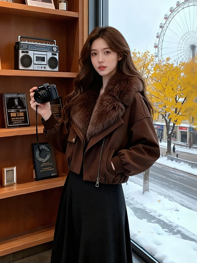 2026韩系冬季高级感气质独特好看毛领短款外套时尚宽松显瘦棉衣女