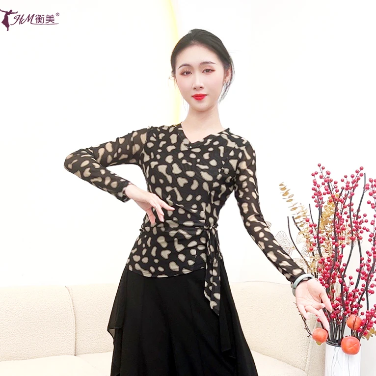 古典舞练功服女成人长袖水珠斑纹时尚显瘦绑带修身现代舞服新款春