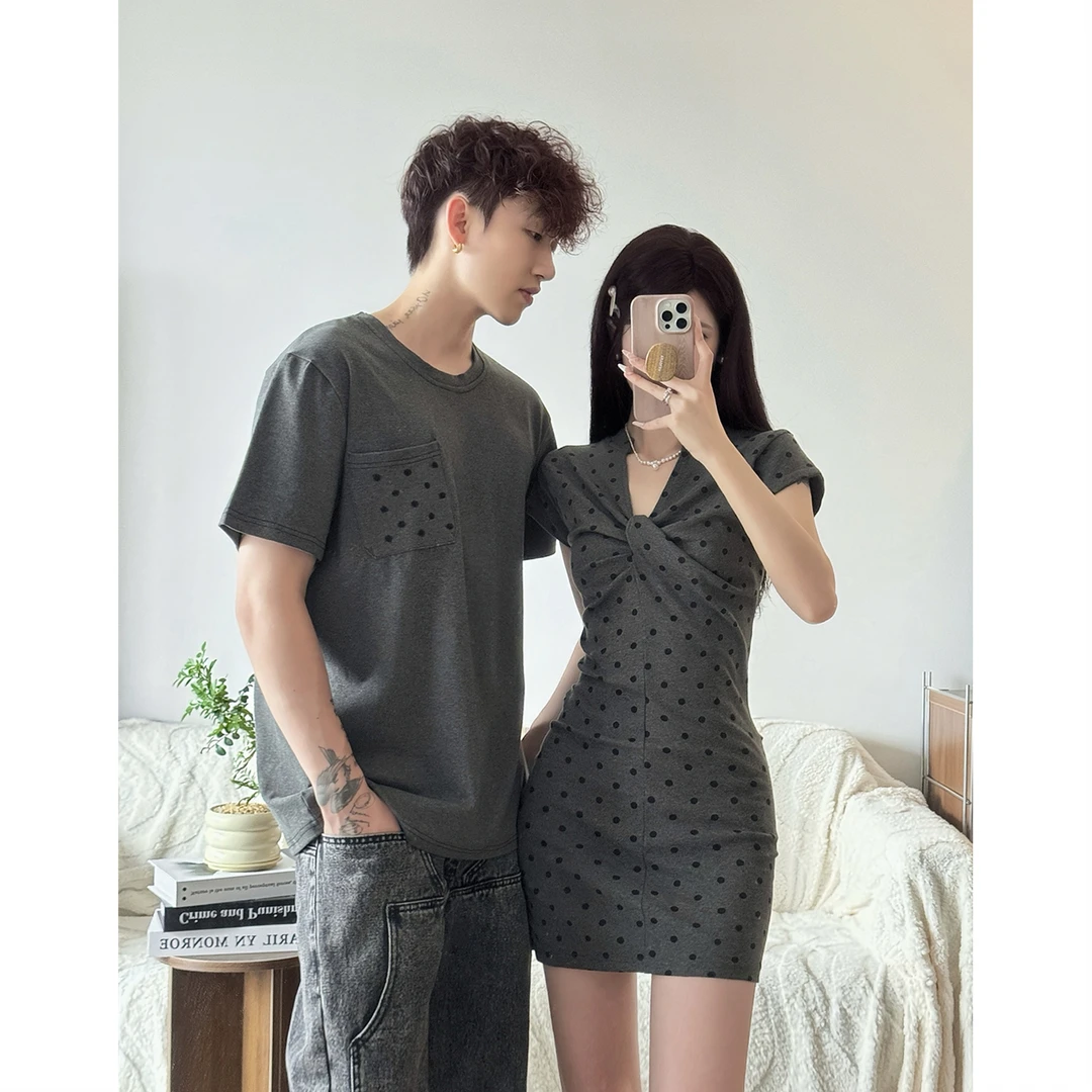 小众设计情侣装夏2025韩版短袖T恤显瘦女连衣裙法式一裙一衣ins潮