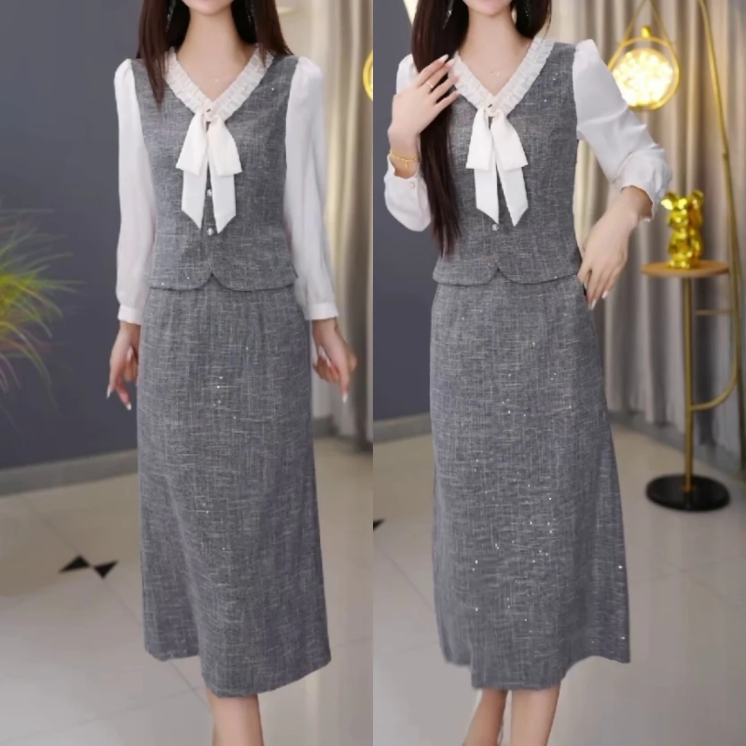 秋季新款套头气质显瘦小香风中长裙日常百搭优雅长袖假两件连衣裙