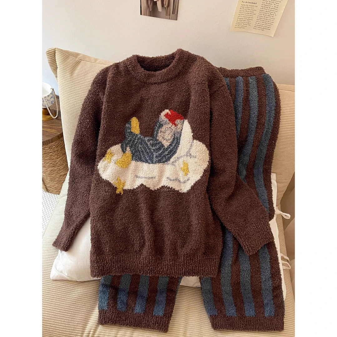 ins风咖色卡通印花半边绒睡衣女款冬季加厚加绒保暖条纹家居服女