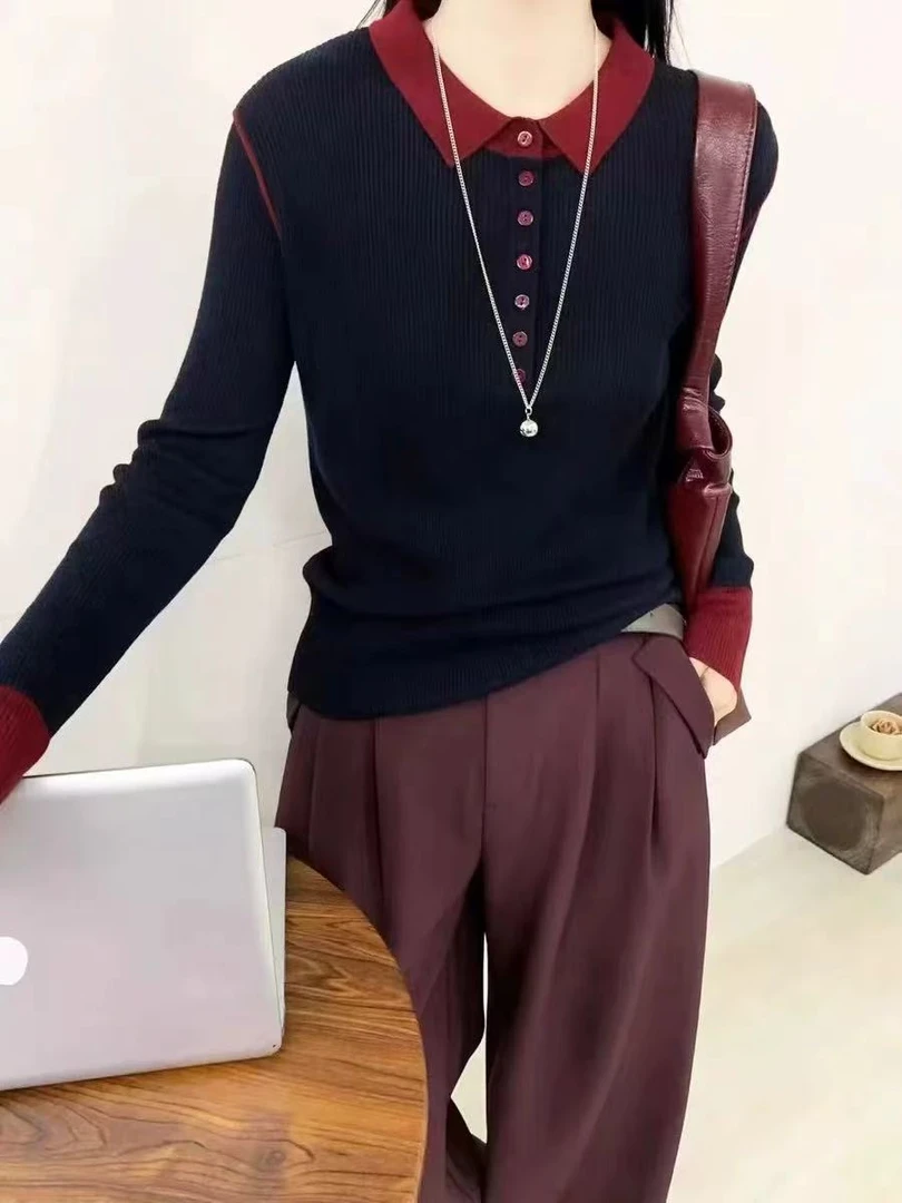 胸96-160长58长袖套头拼色毛针织衫细坑条翻领气质上衣 8209