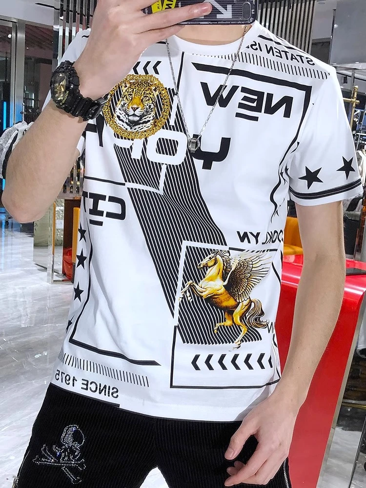 路约威格欧洲站夏季潮牌印花修身半袖T恤男时尚休闲丝光棉短袖T恤