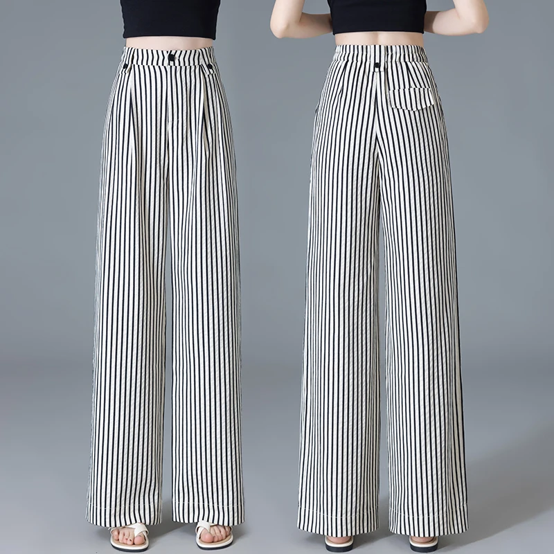 显瘦亚麻阔腿裤时尚夏季2025新款高腰宽松垂感薄款条纹直筒休闲裤