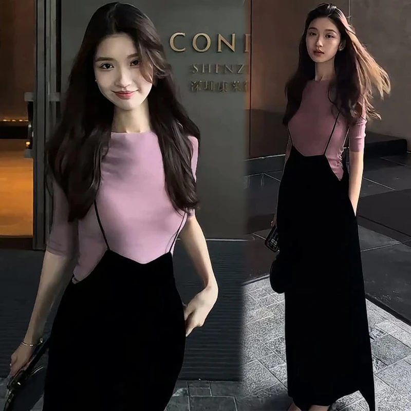 套装韩系ins衣服一整套夏季新款修身洋气圆领T恤上衣背带阔腿长裤