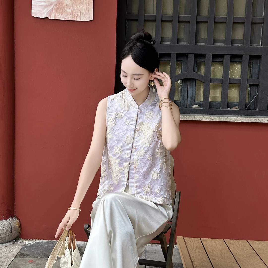 【紫伊】中国风圆领印花刺绣宽松型提花时尚宽松马夹