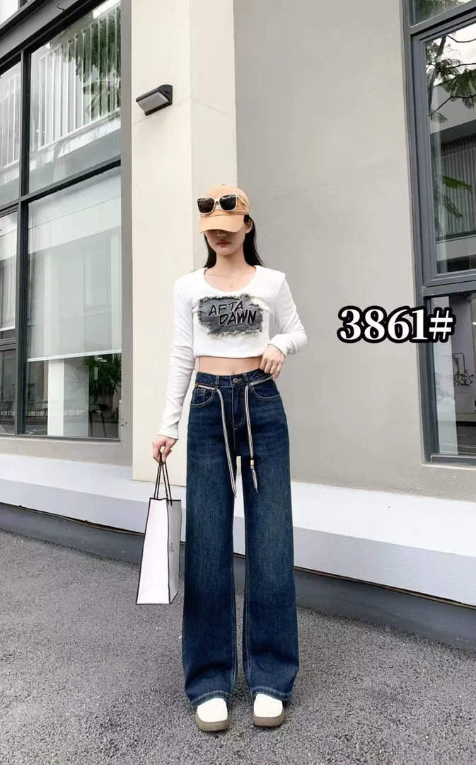 阿悄家 秋季新款 高腰休闲风直筒复古抽绳牛仔裤#3861