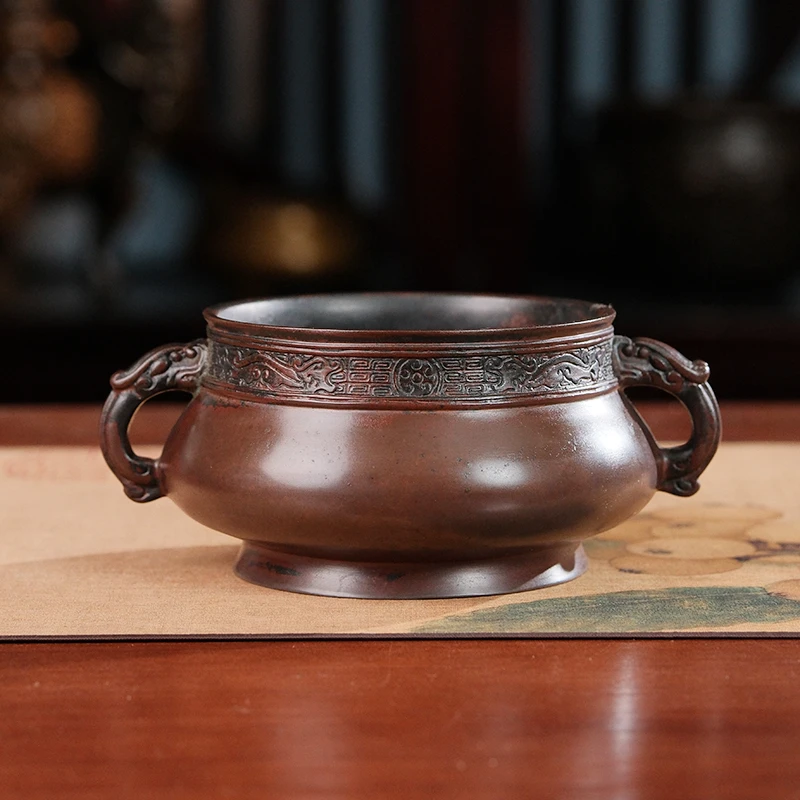 【还山老师作品】圈足碳养炉红皮夔龙耳香炉文创家用室内摆件