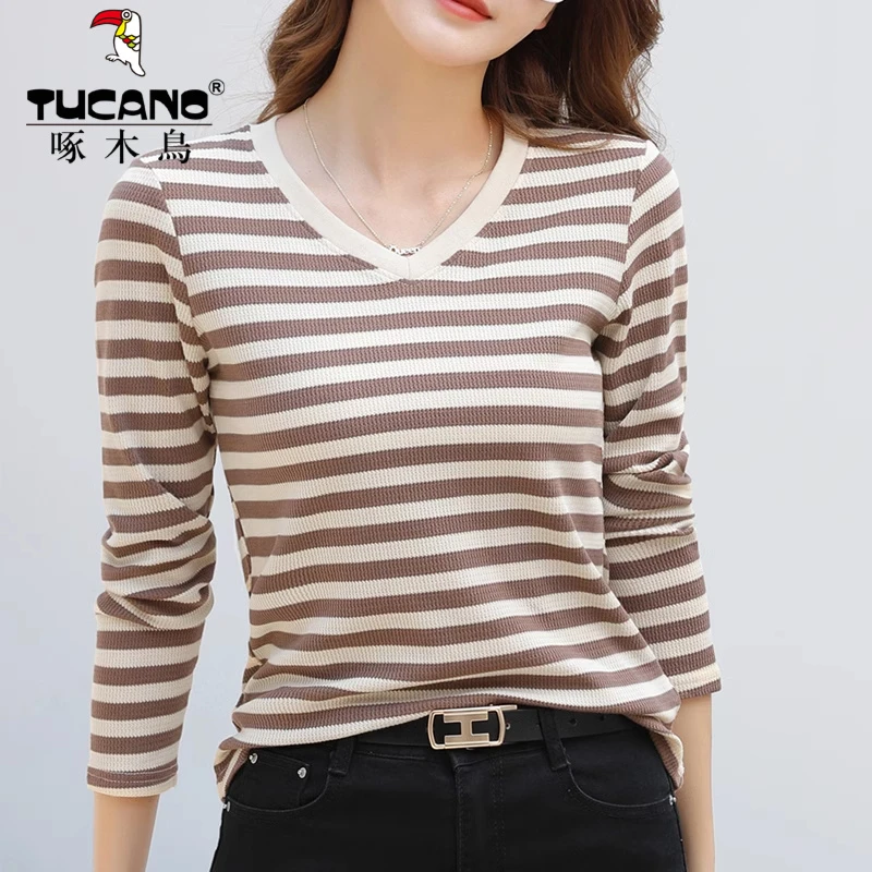 啄木鸟正品纯棉潮流休闲简约条纹T恤新款显瘦薄款长袖春秋百搭时