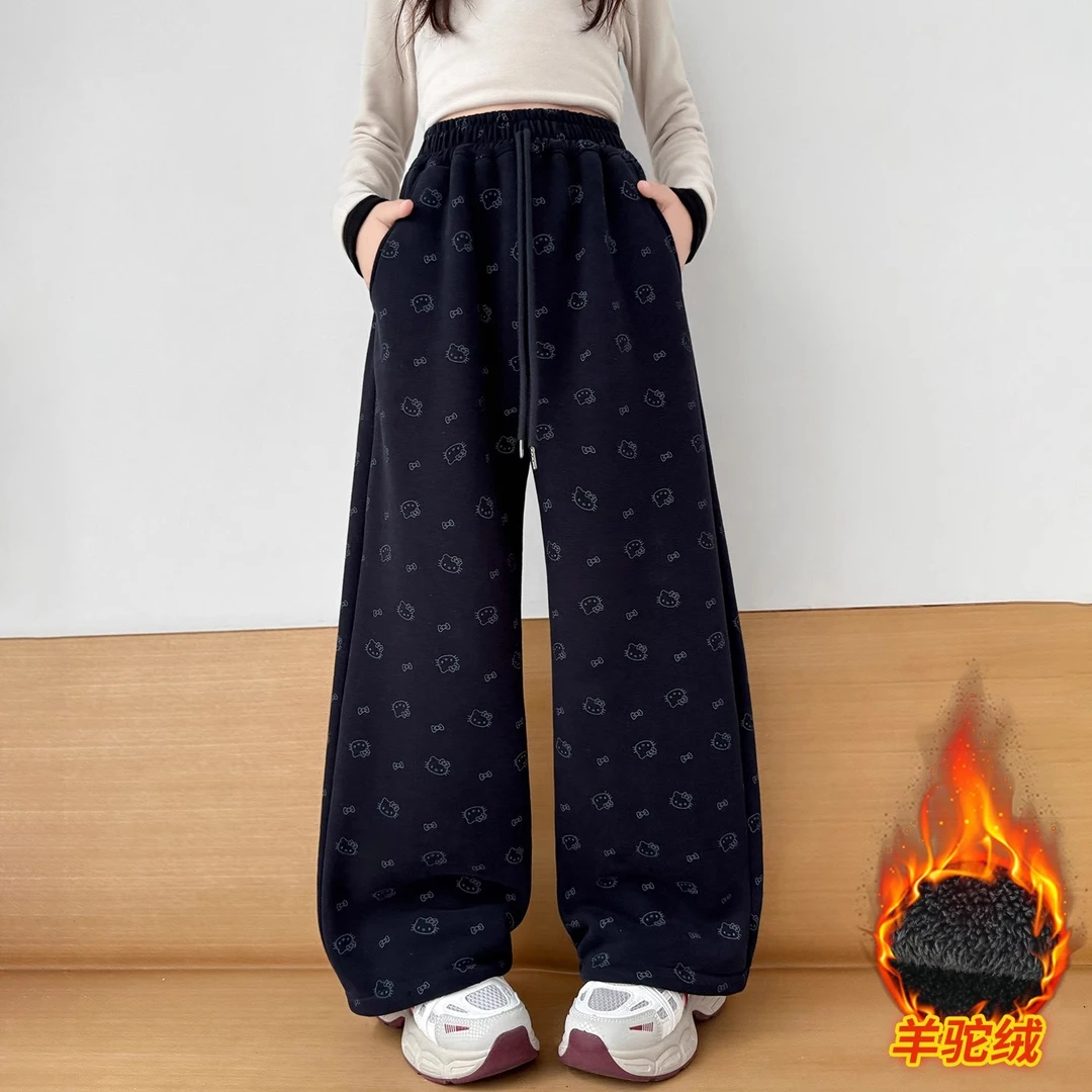 女童加绒加厚裤子冬款2025新款女大童羊羔绒卫裤儿童冬季休闲裤潮