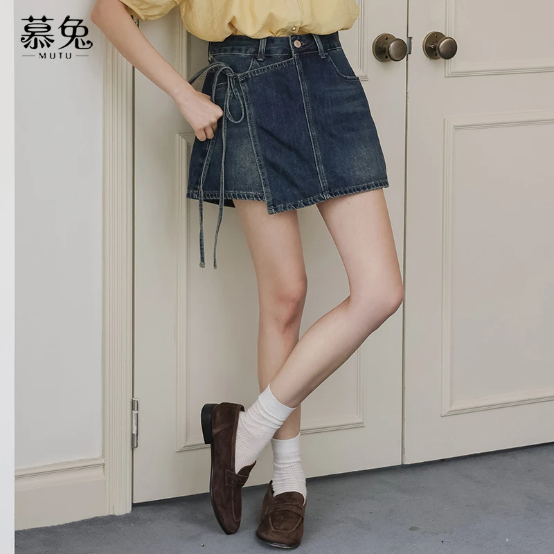 【小铃铛】TU19736假两件牛仔短裤新款高腰a字裙辣妹不规则绑带裙裤