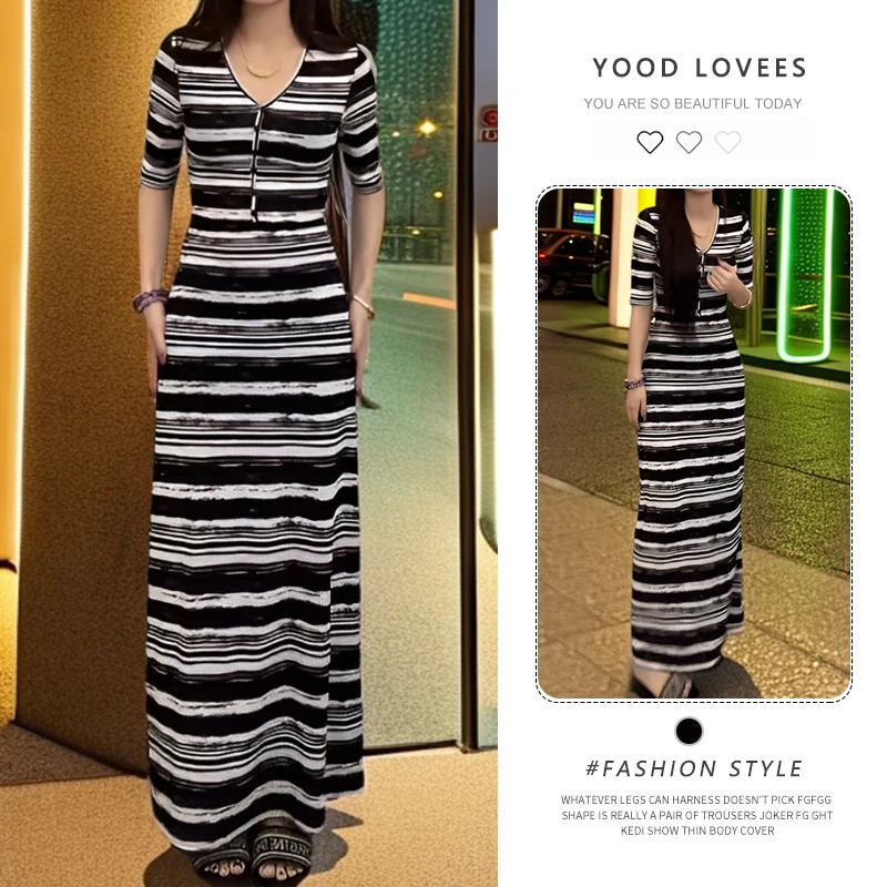 设计感纯欲风V领气质长裙夏季中袖条纹设计感连衣裙女装时尚穿搭