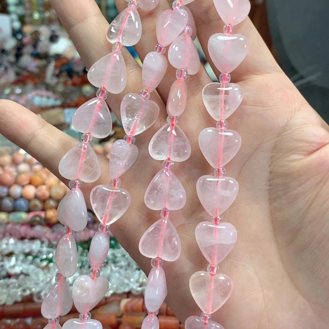 未镶嵌玛瑙/玉髓珠宝半成品粉晶爱心一条卡14mm