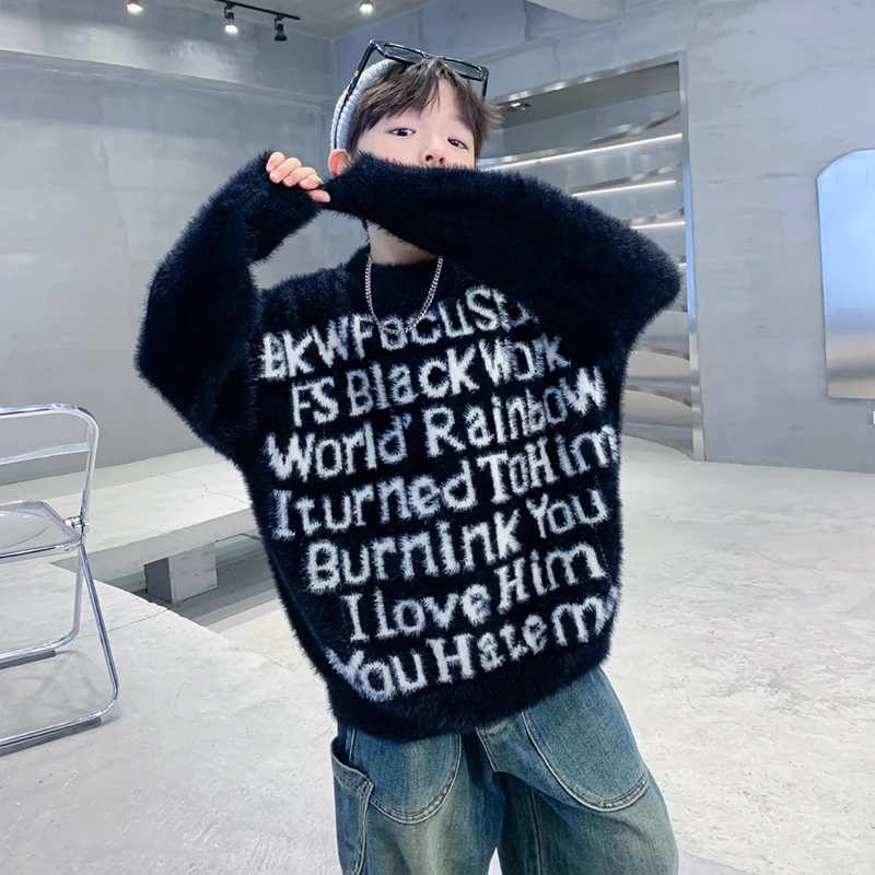 儿童新款韩版酷帅简约秋冬装圆领毛衣水貂绒加厚宽松针织衫洋气