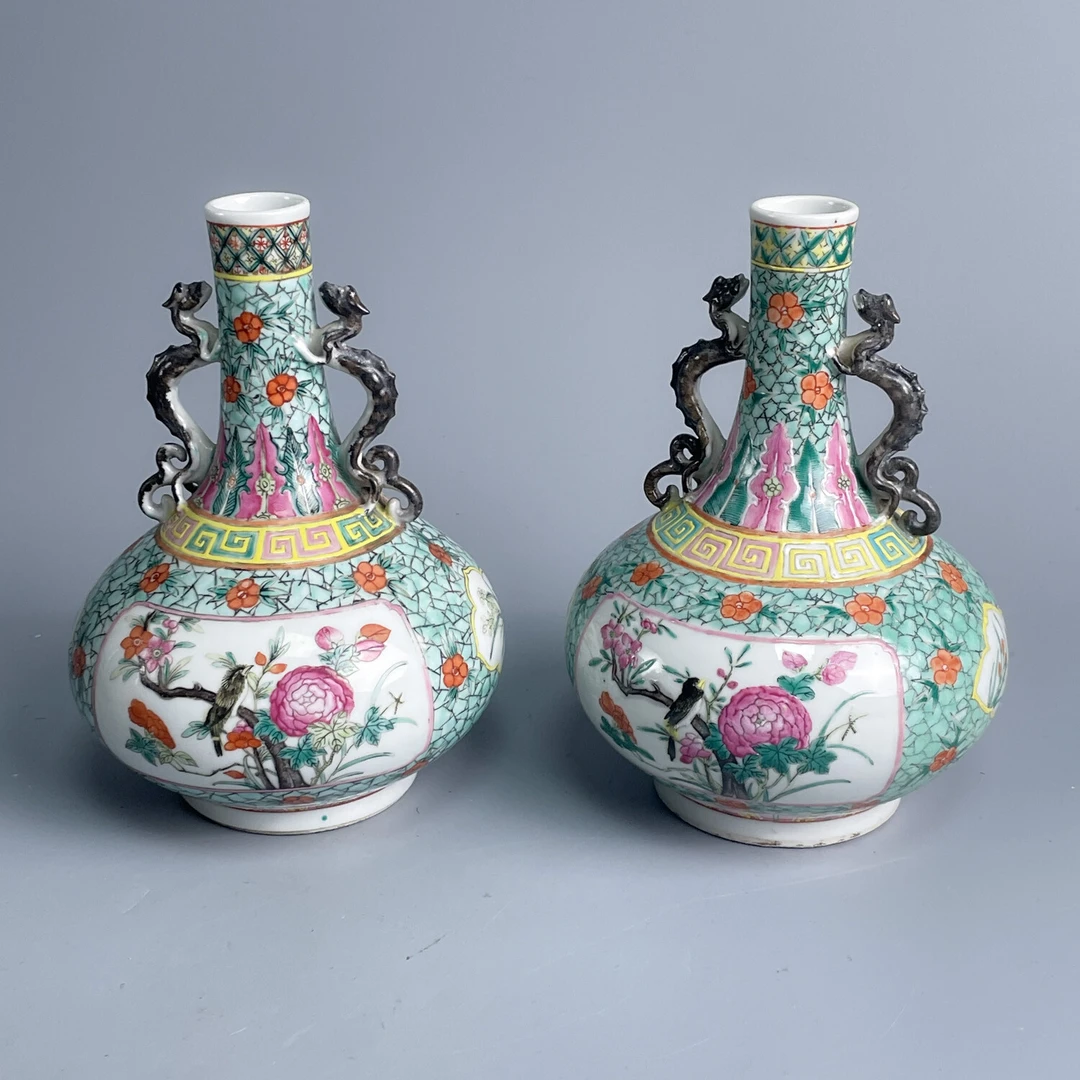 瓷器/古董民国 粉彩花鸟花卉双耳赏瓶一对M25D8008A09收藏/绣花张