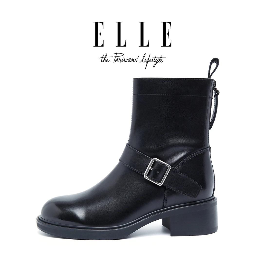 ELLE琥珀流光风金属扣圆头机车骑士靴时尚经典百搭女士牛皮短靴子