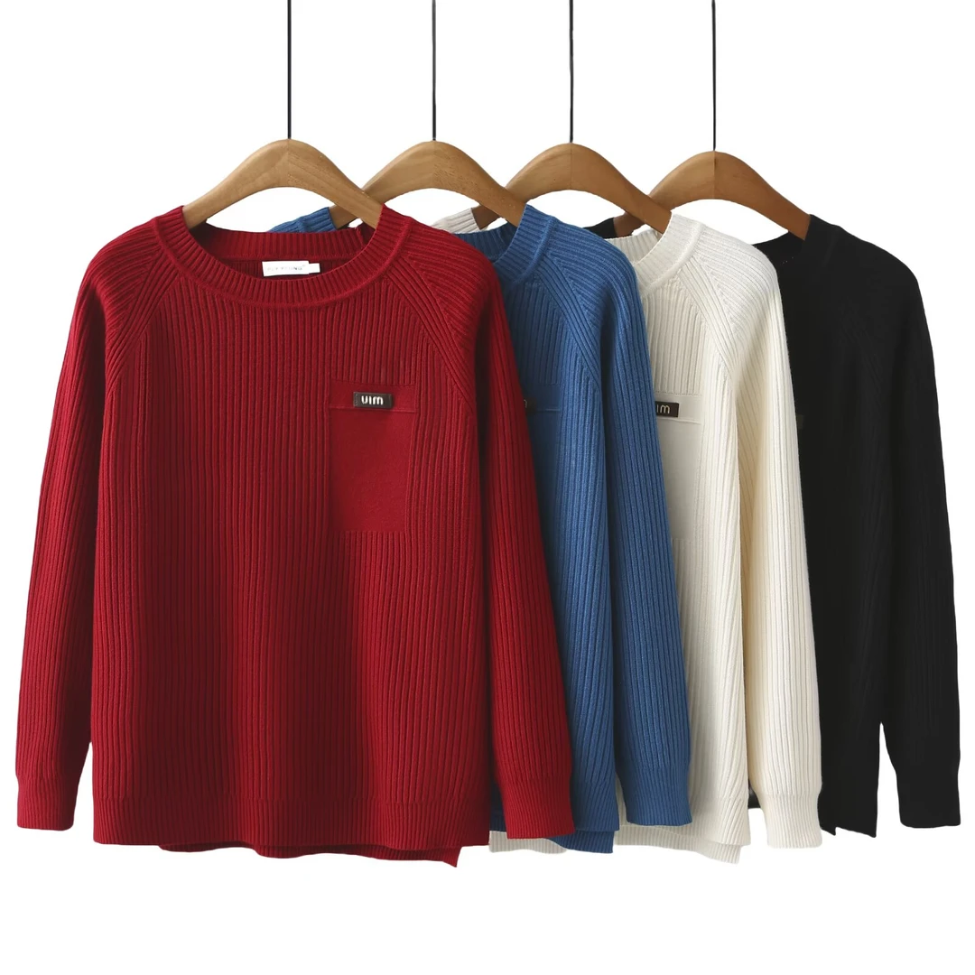 遮肉显瘦大码女装胖妹宽松百搭下摆开叉圆领插肩长袖毛衣针织衫潮