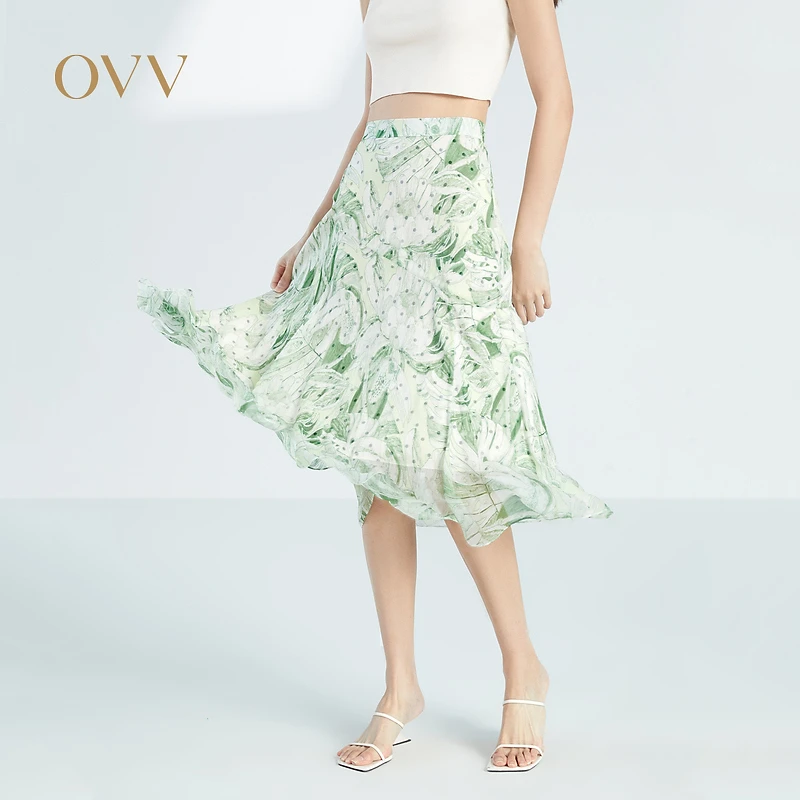 OVV春夏新款女装飘逸灵动植物印花桑蚕丝顺纡绉半身裙单裙