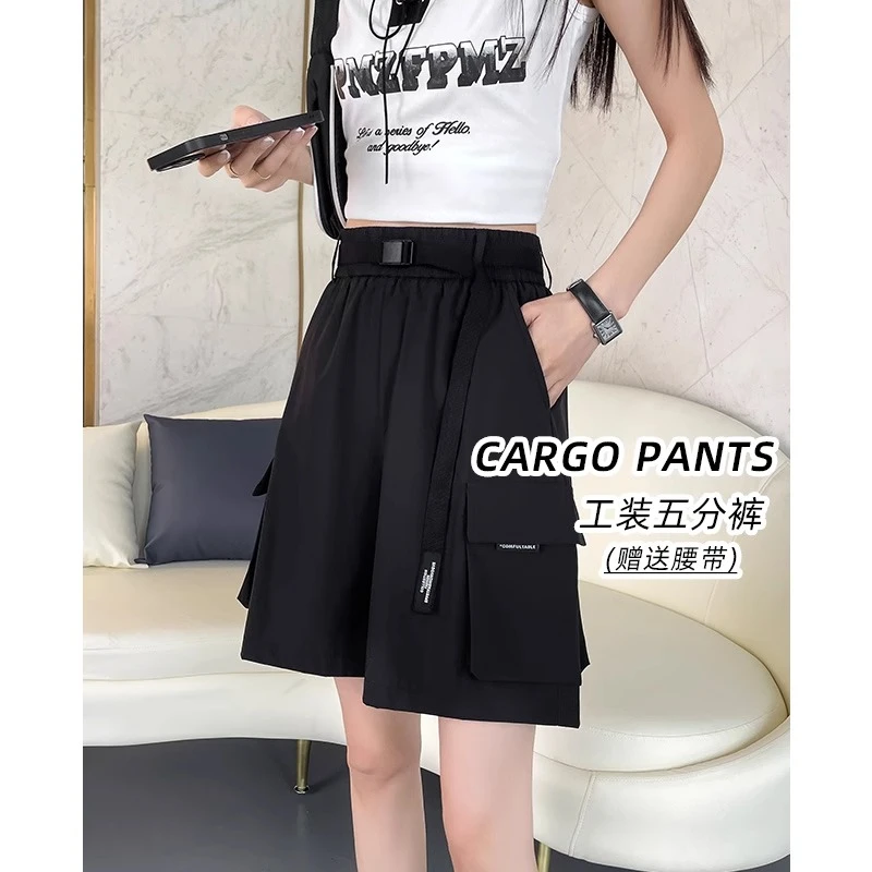 美式工装短裤女夏季薄款速干运动中裤宽松显瘦休闲阔腿冰丝五分裤